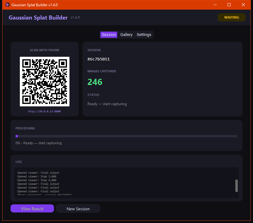 Gaussian Splat Builder — session view with QR code and 246 images captured